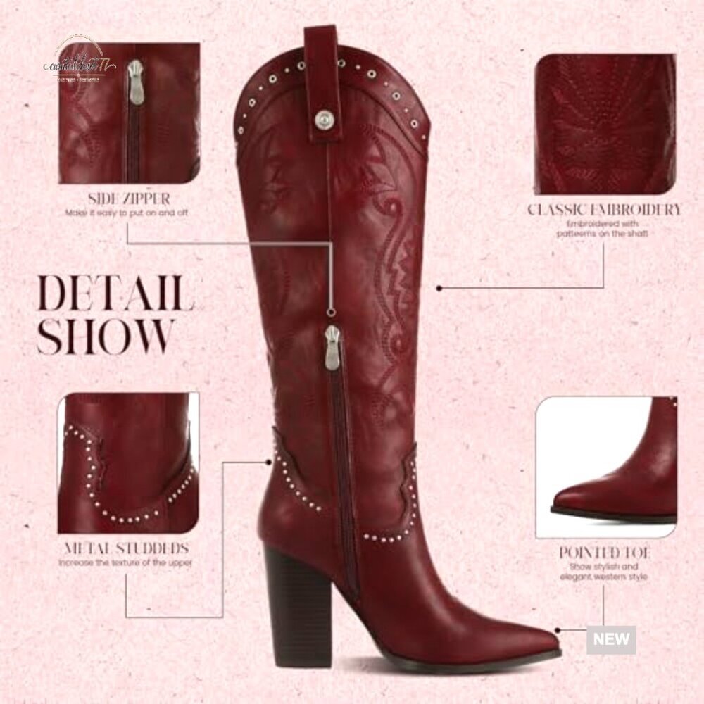 Knee High Cowboy Boots Pointed Toe Chunky Heel Pull-on Embroidered Western Wide - Picture 5 of 7